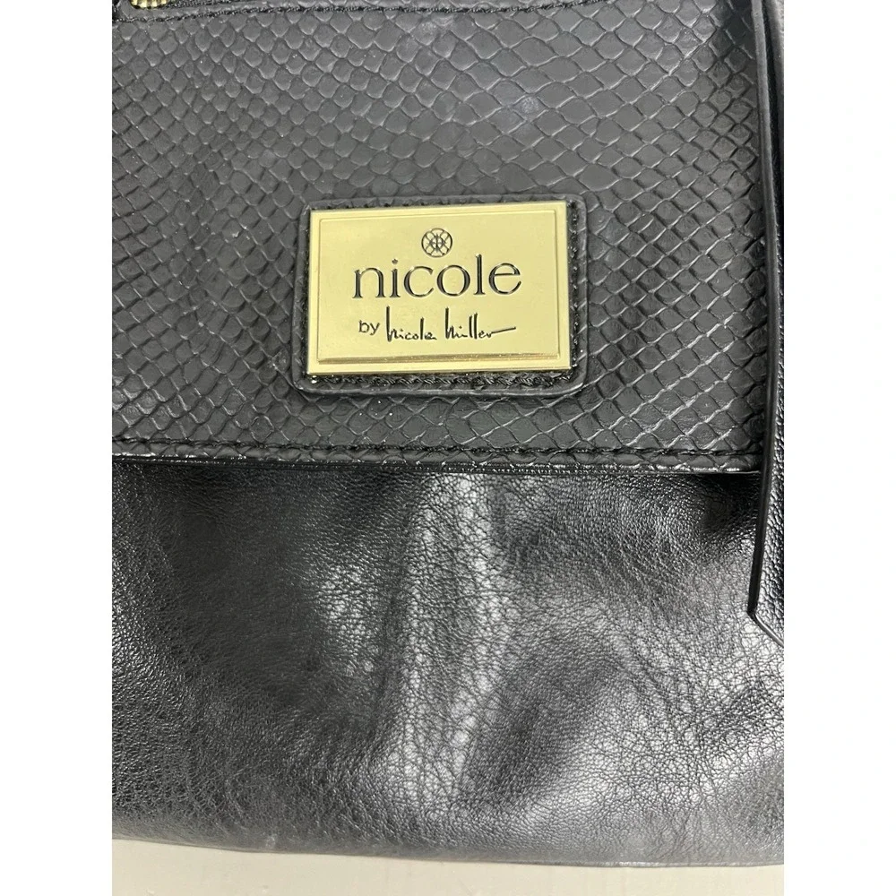 Nicole Miller Black Vegan Leather Hand‎ Satchel Bag Snake Skin Pink Lining